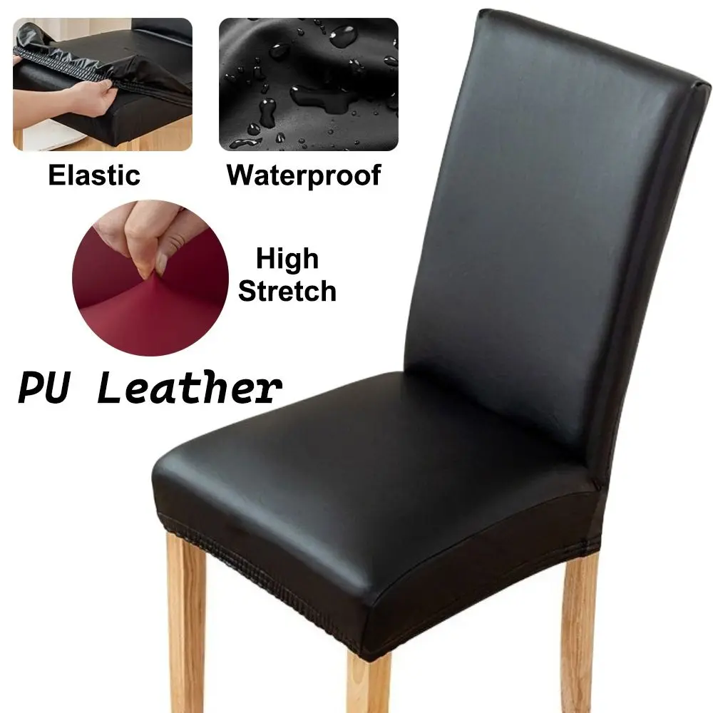 Durable Waterproof Dining Chair Cover Elastic Stretch PU Leather Chair Cushion Cover Solid Color Seat Covers Living Room