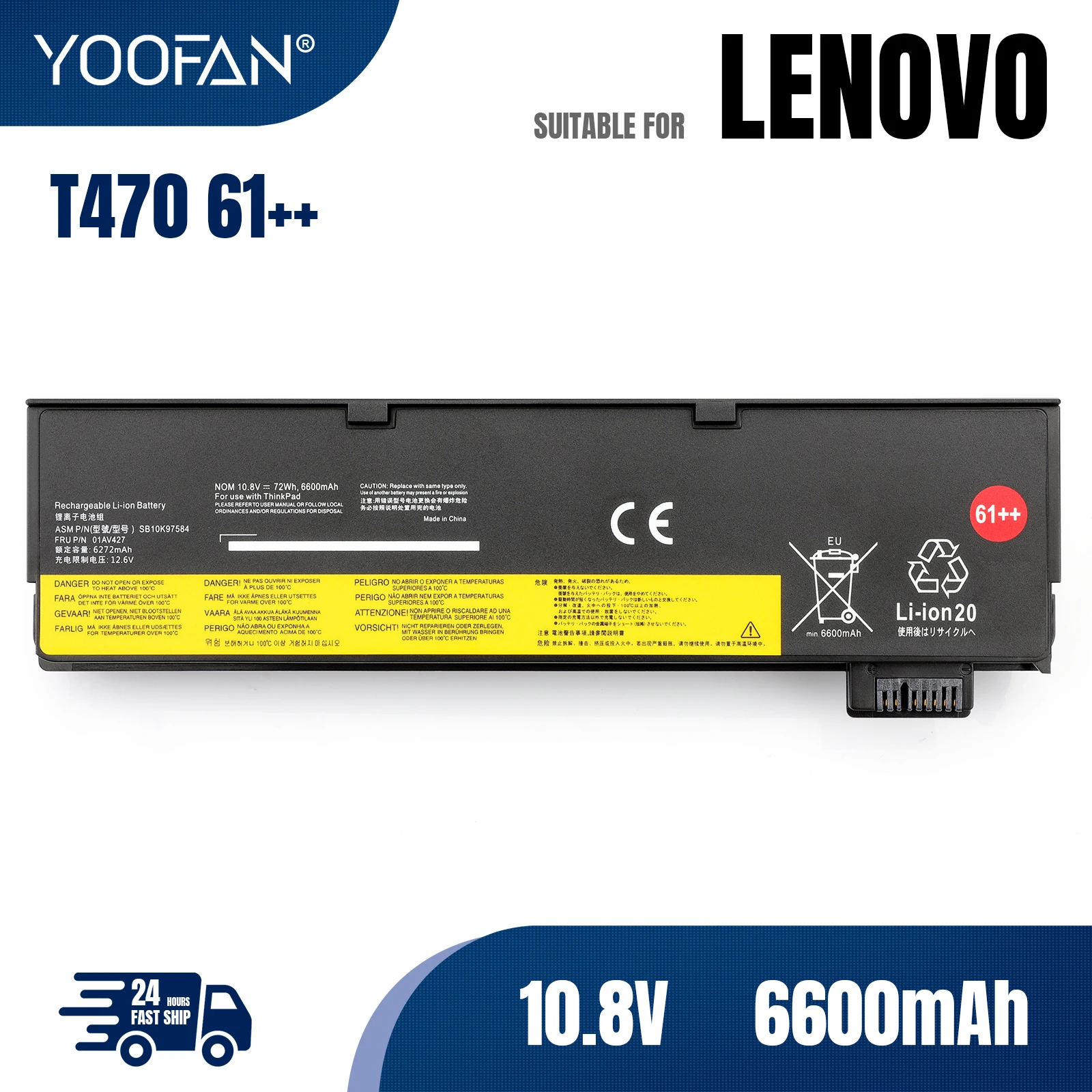 

YOOFAN 10.8V 6600mAh Laptop Battery for Lenovo ThinkPad T470 T480 T570 T580 P51S P52S 01AV427 01AV428 01AV423 SB10K97580 61++