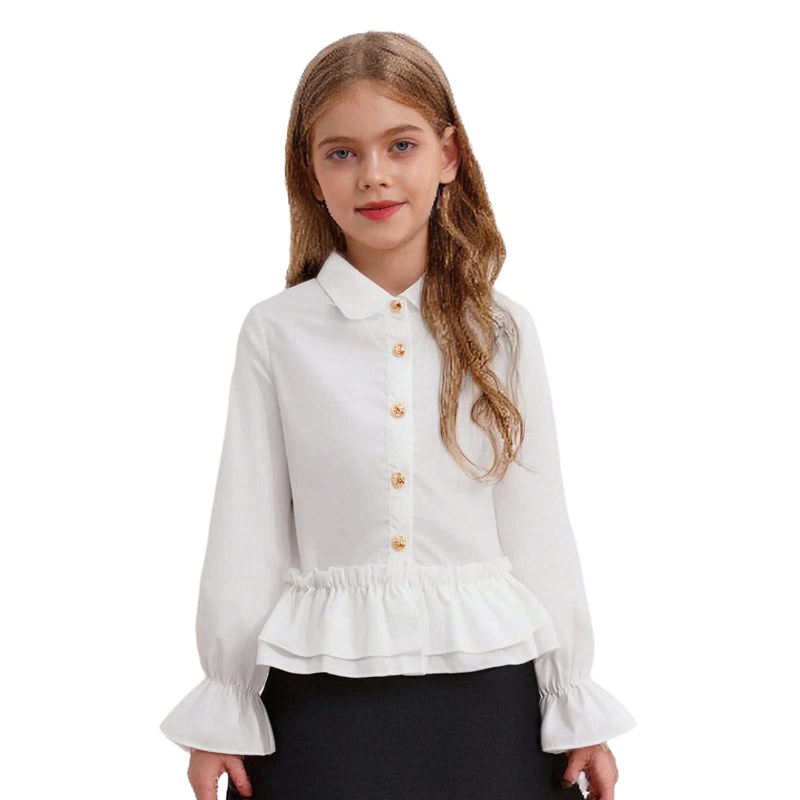 

Kids Girls Cute Ruffled Hem Shirt School Uniform Turn-Down Collar Long Puff Sleeves Button Blouse Top for Birthday Party Wedding