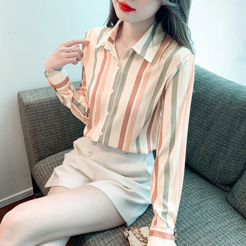 Satin Long Sleeve Women\'s Shirt New South Korea Fashion Casual Lapel Blouse Striped Loose Single-breasted Top