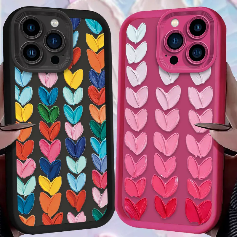 Color Oil Painting Love Heart Matte Case For iPhone 16 15 14 13 12 11 Pro Max X XS X S Max XR SE 2020 7 8 Plus Silicone Cover