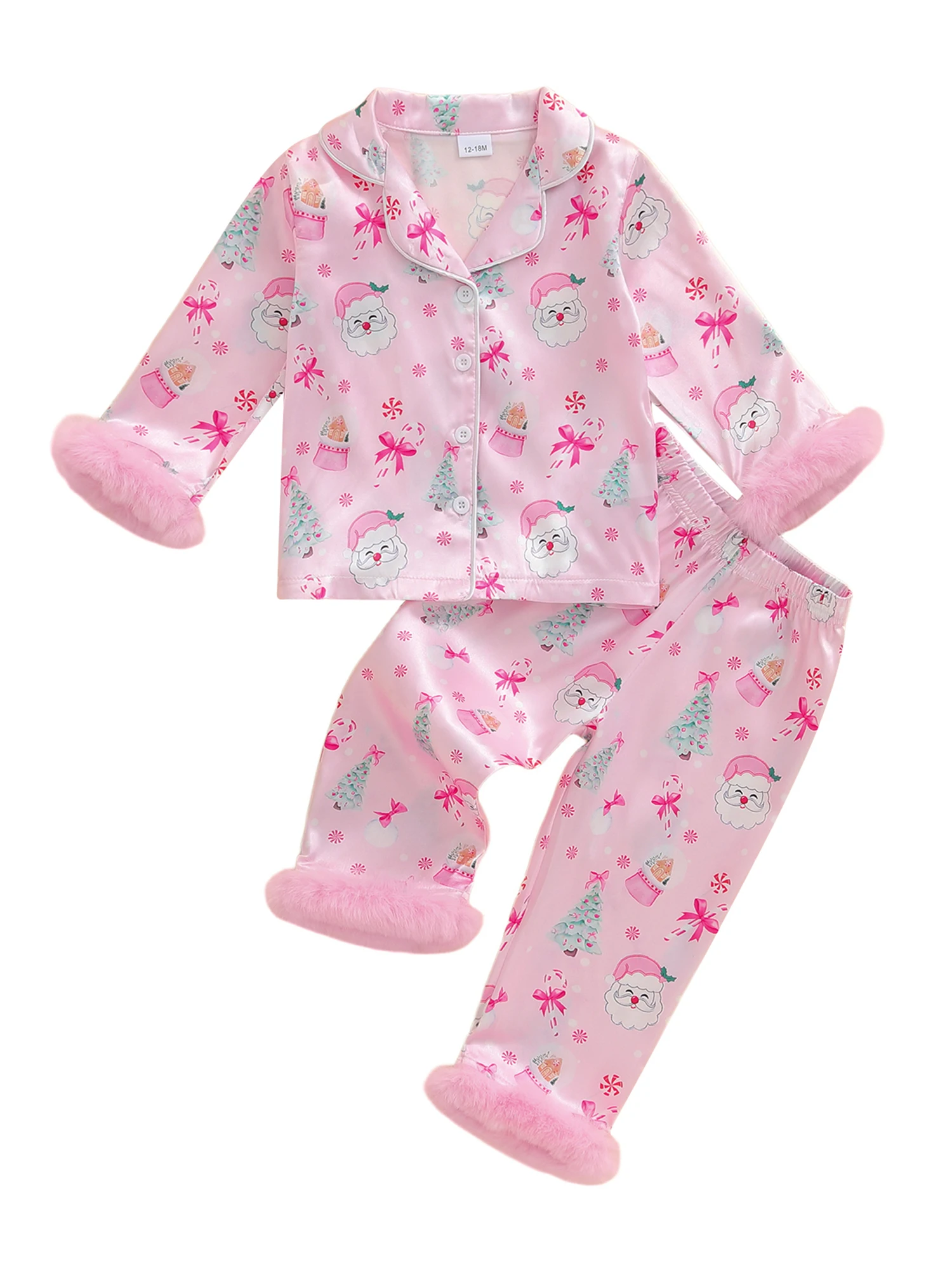 

Рождественский атласный пижамный комплект для девочек с воротником с лацканами и длинными рукавами на пуговицах и одинаковые брюки, одежда для сна для сна