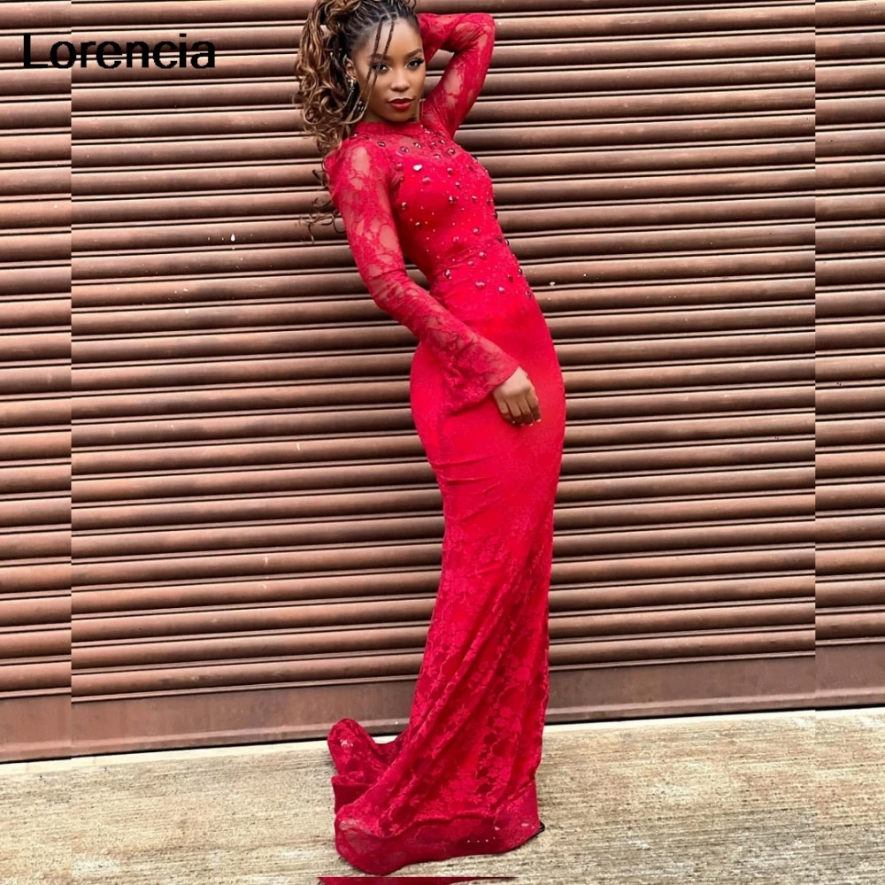 

Customized New Aso Ebi Red African Mermaid Prom Dress Long Sleeve Beaded Crystal Lace Party Evening Gown Robe De Sorrie YPD260