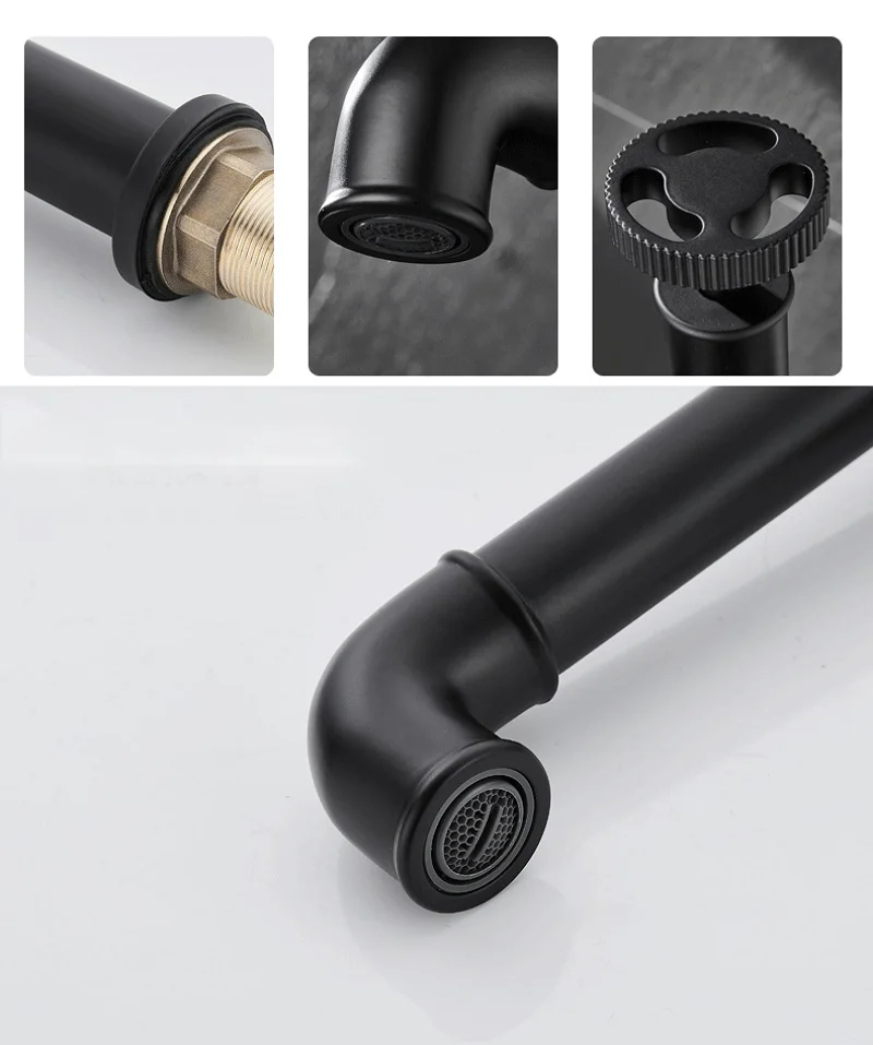 

Матовый черный смеситель для раковины в ретро-индустриальном стиле, латунный кран для холодной и горячей воды, смеситель для умывальника