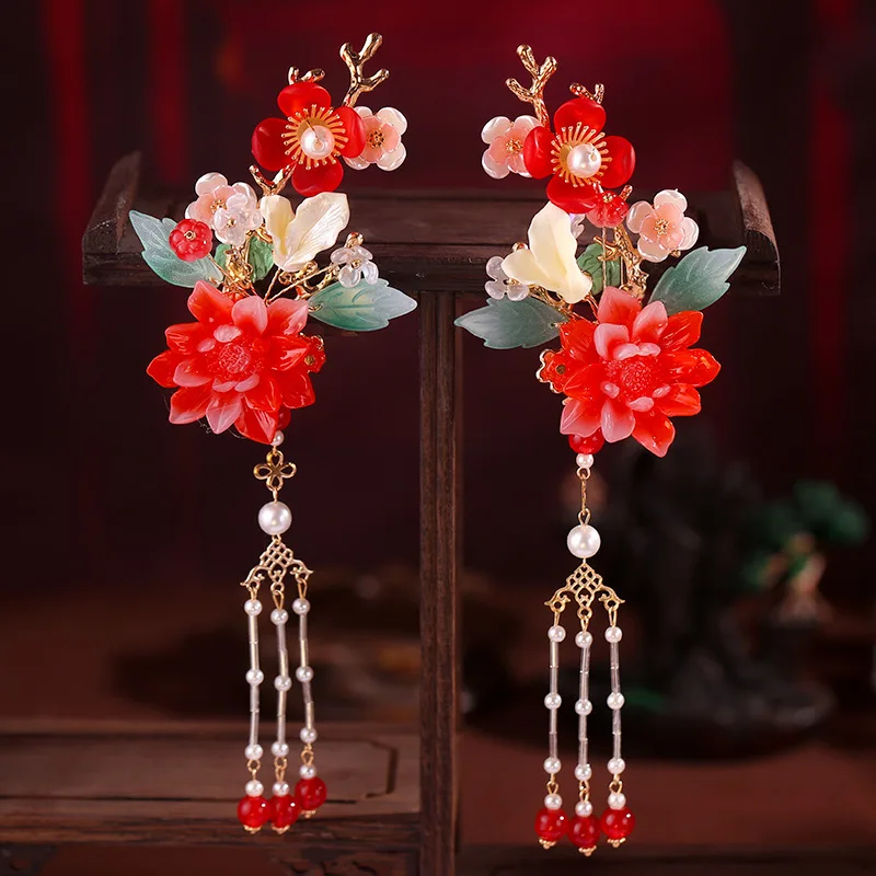 

2pcs Vintage Flower Hair Clip Chinese Hanfu Hair Accessories Red Flower Hairpin Vintage Dress Headwear Tassels Hair Clip Jewelry