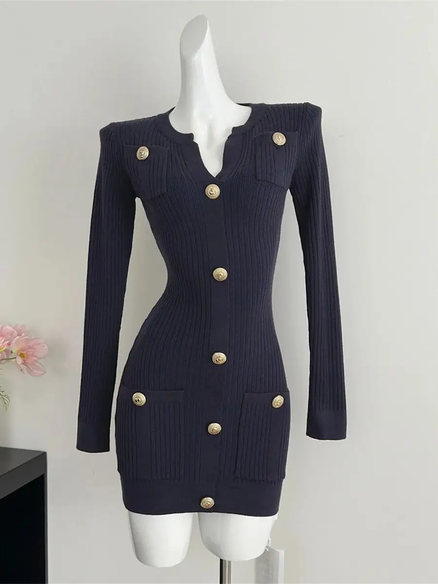 

Women's High-Quality Knitted Mini Dress Fall Winter Sexy V-neck Gold Buttons Bottoming Short Dress Vestidos Femininos