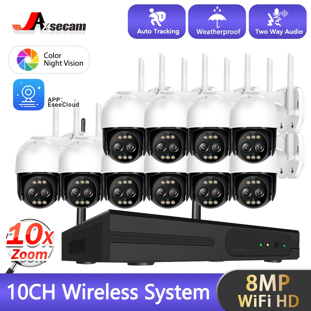 8MP Outdoor WiFi CCTV Camera 10X Zoom Security System Kit 10CH NVR Recorder Set P2P Wireless IP Camera Video Surveillance System