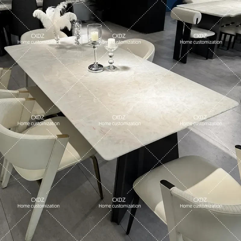 Natural Marble Dining Table Set Rectangular Moonlight White Stone High End Luxury Villa Home Furniture Modern Kitchen Table