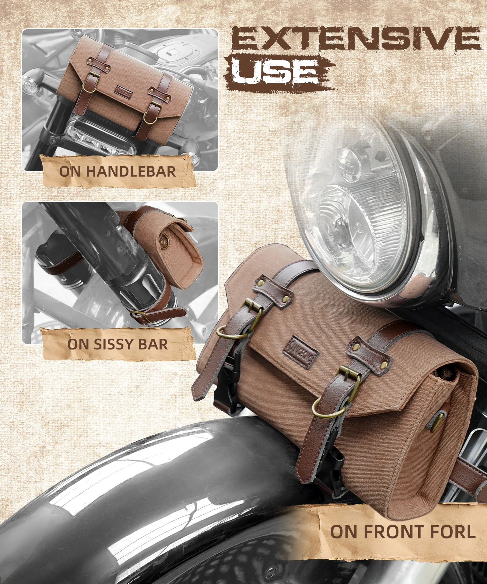 

NICECNC Universal Motorcycle Handlebar Bag Front Fork Bag Washable Canvas with Rivet Waterproof Large Capacity Easy to access