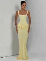Women Solid Pleated Sling Sleeveless Dress Off-shoulder Waist Cinching Square Neck Slim Dresses Summer Evening Party Gowns 2026 - Image 2