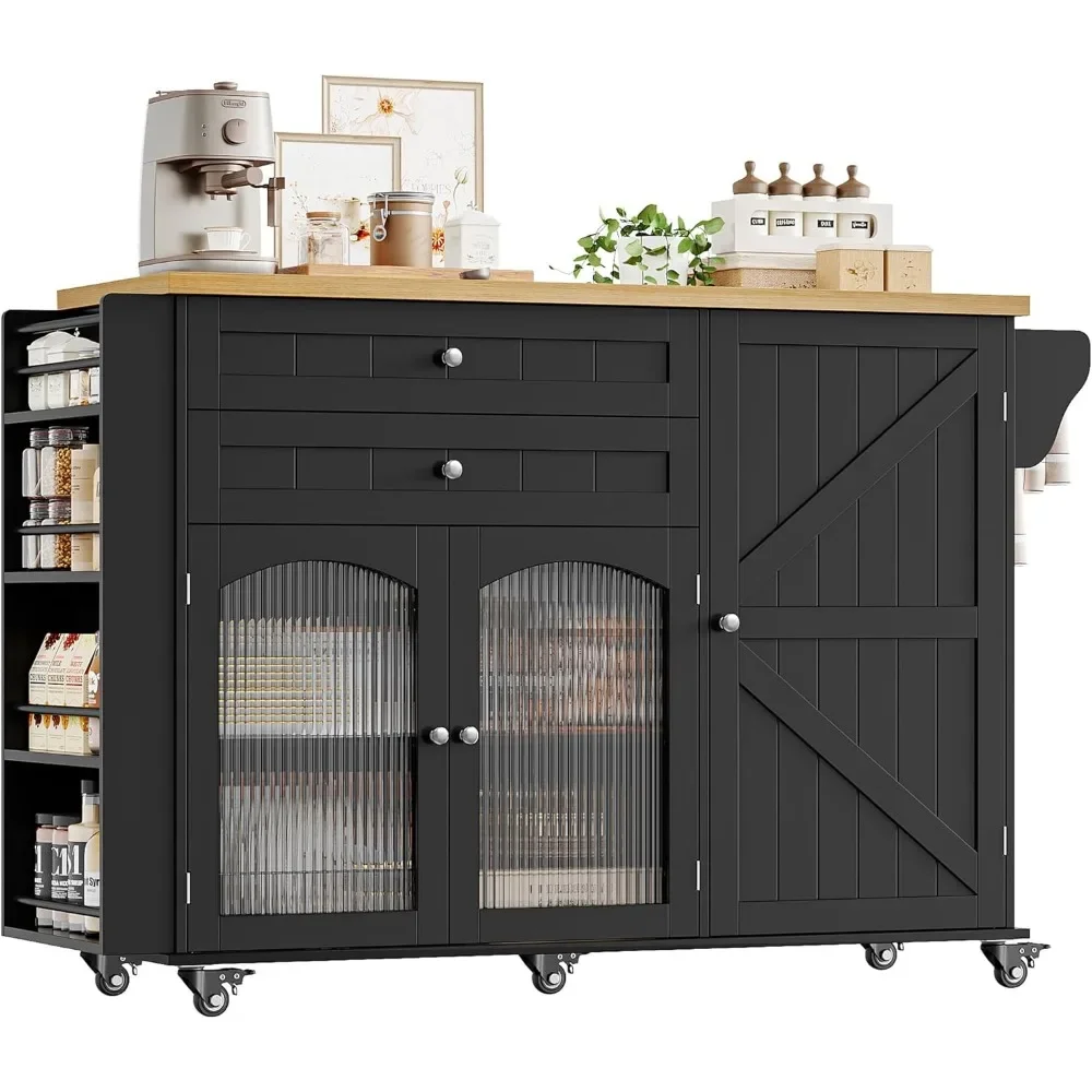 Kitchen Island With Storage, Rolling On Wheels, Wood Drop Leaf Countertop, Table Bar Cart With Spice Rack