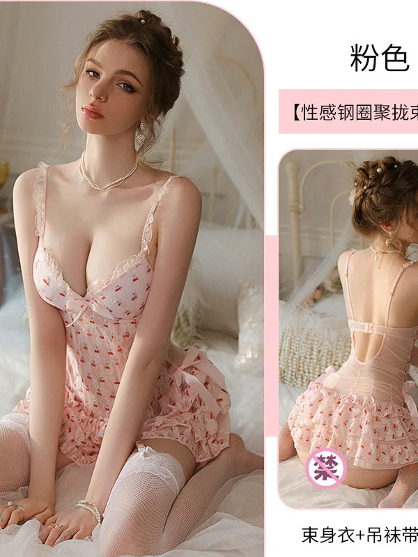 Unterwäsche Sexy Pyjamas Nette Kirsche Sheer Slim Fit Sling Kleid Tiefem V-ausschnitt Stahl Ring Sammeln Multi Layered Kleid Saum JY72