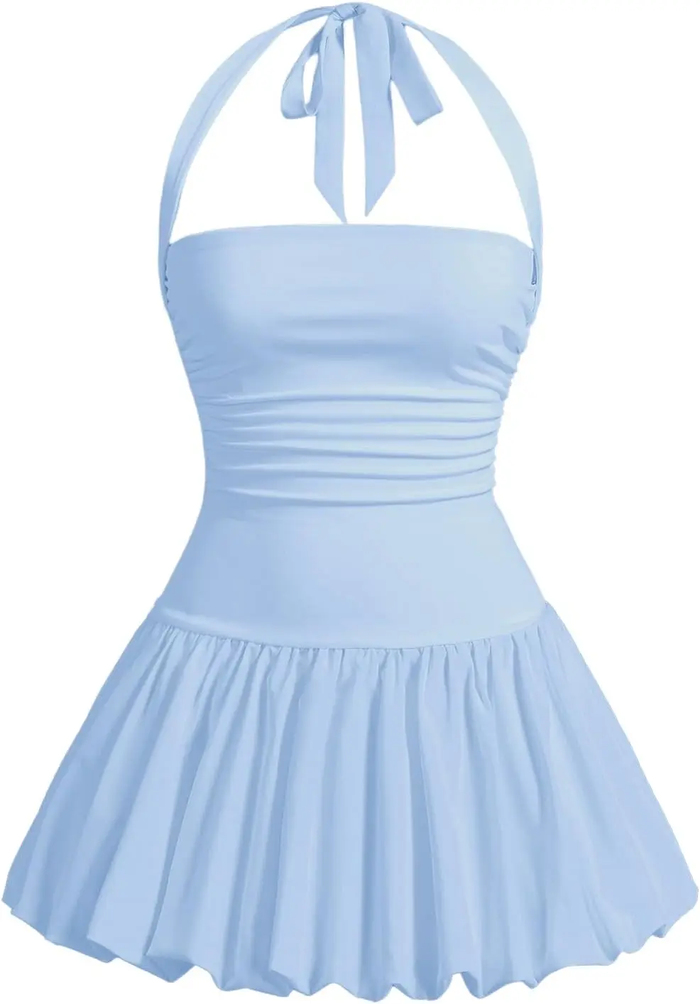 فستان نسائي قصير Y2K هالتر بدون ظهر فوق الركبة فقاعة نادي التخرج قصير مع شورت تحت الموضة