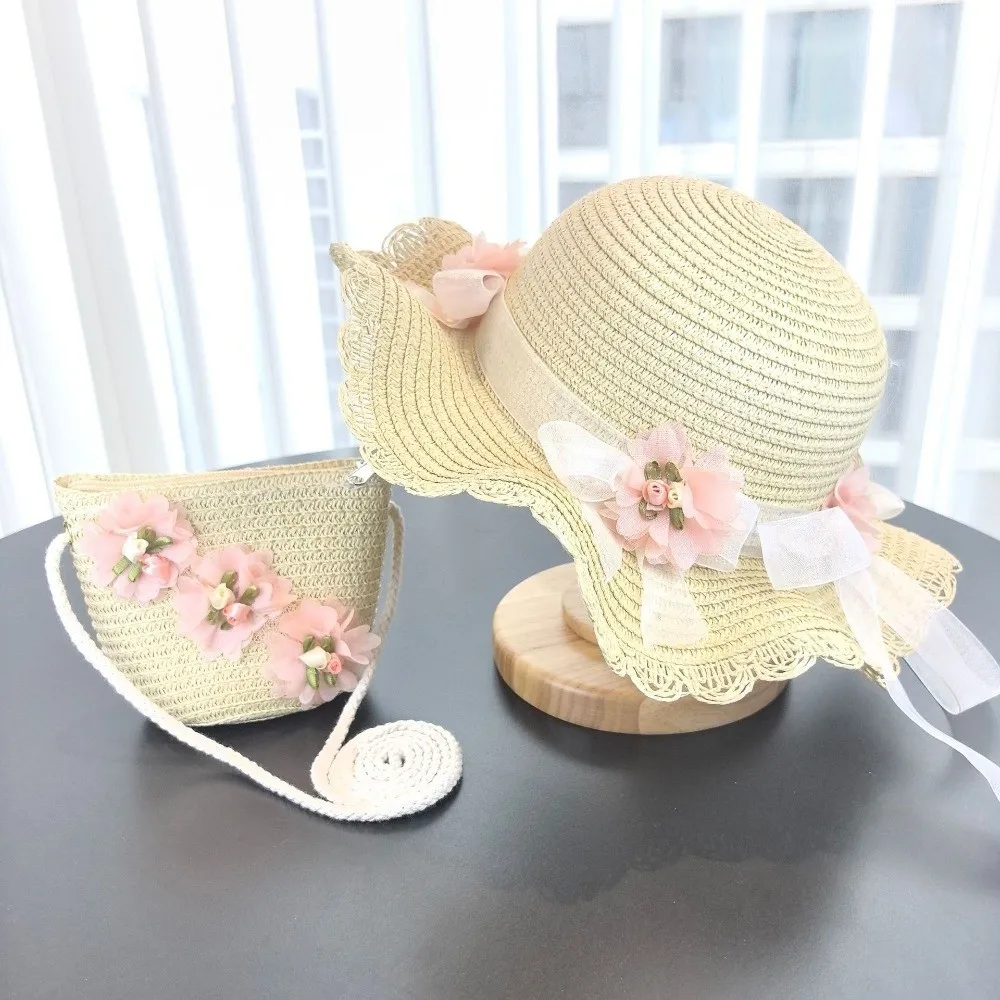 

Trend Floral Style Straw Hat Small Bag Set Casual Solid Color Sun Hat Fisherman Hat Fashion Accessory
