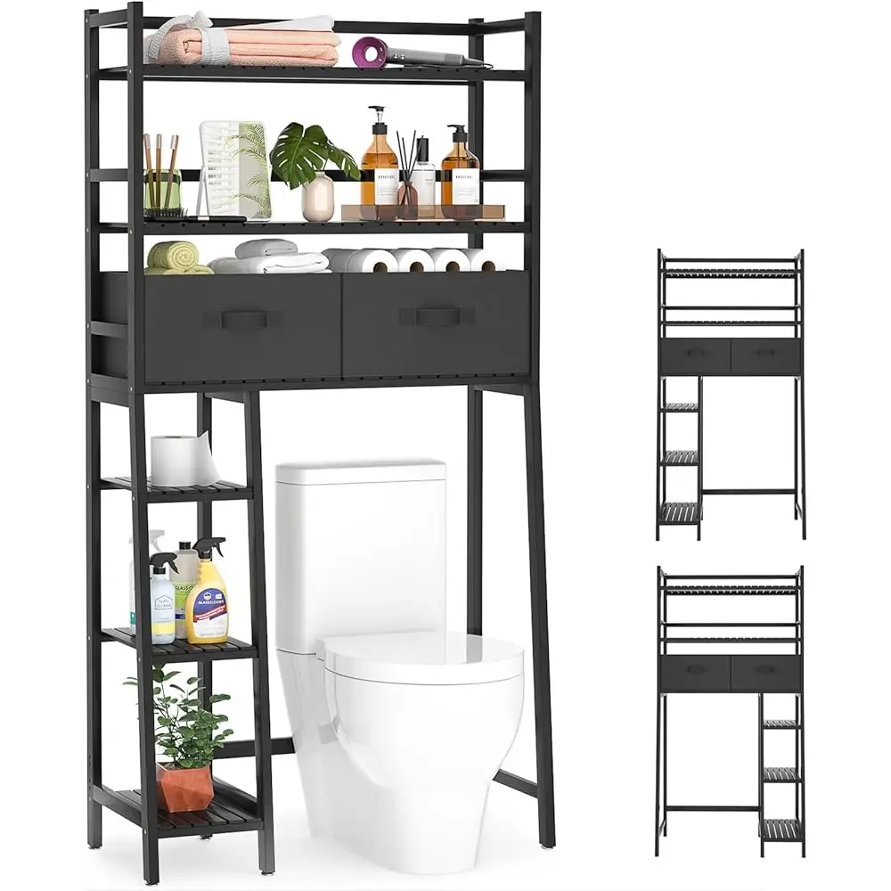 

Over The Toilet Storage With 2 Drawers, Bamboo Above Toilet Shelf Organizer, Bathroom Tower Ra With Toilet Paper Holder Stand,