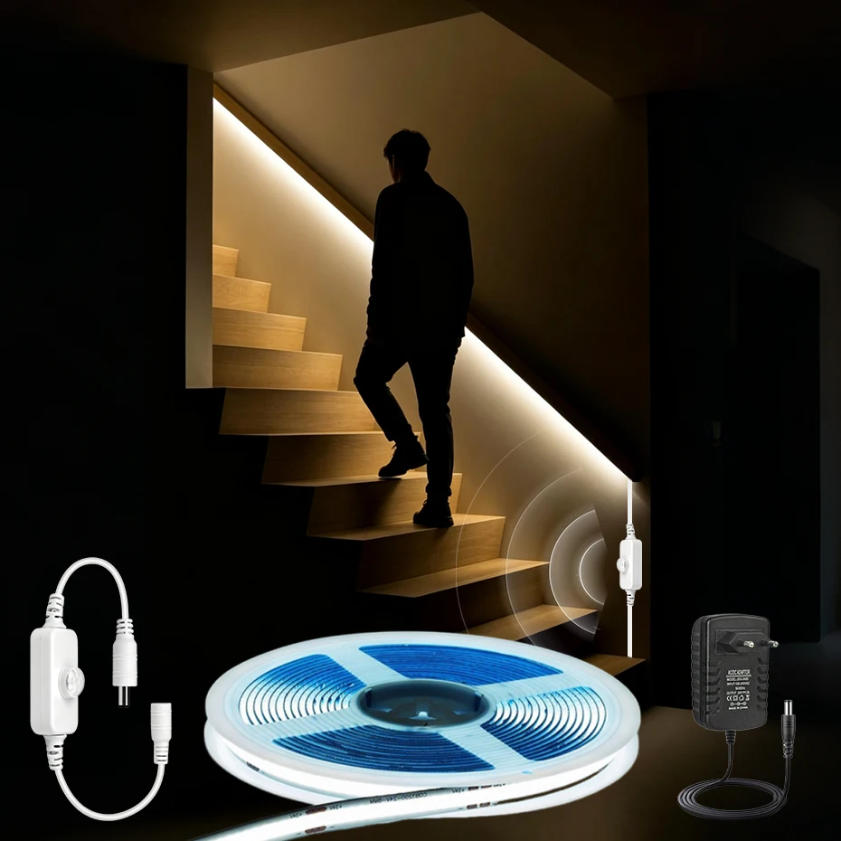 24V COB Led Strip Light 320LEDs/M With EU AU UK US Plug Motion Sensor Switch 24V Led Tape COB For Bedroom Cabinet Closet Light