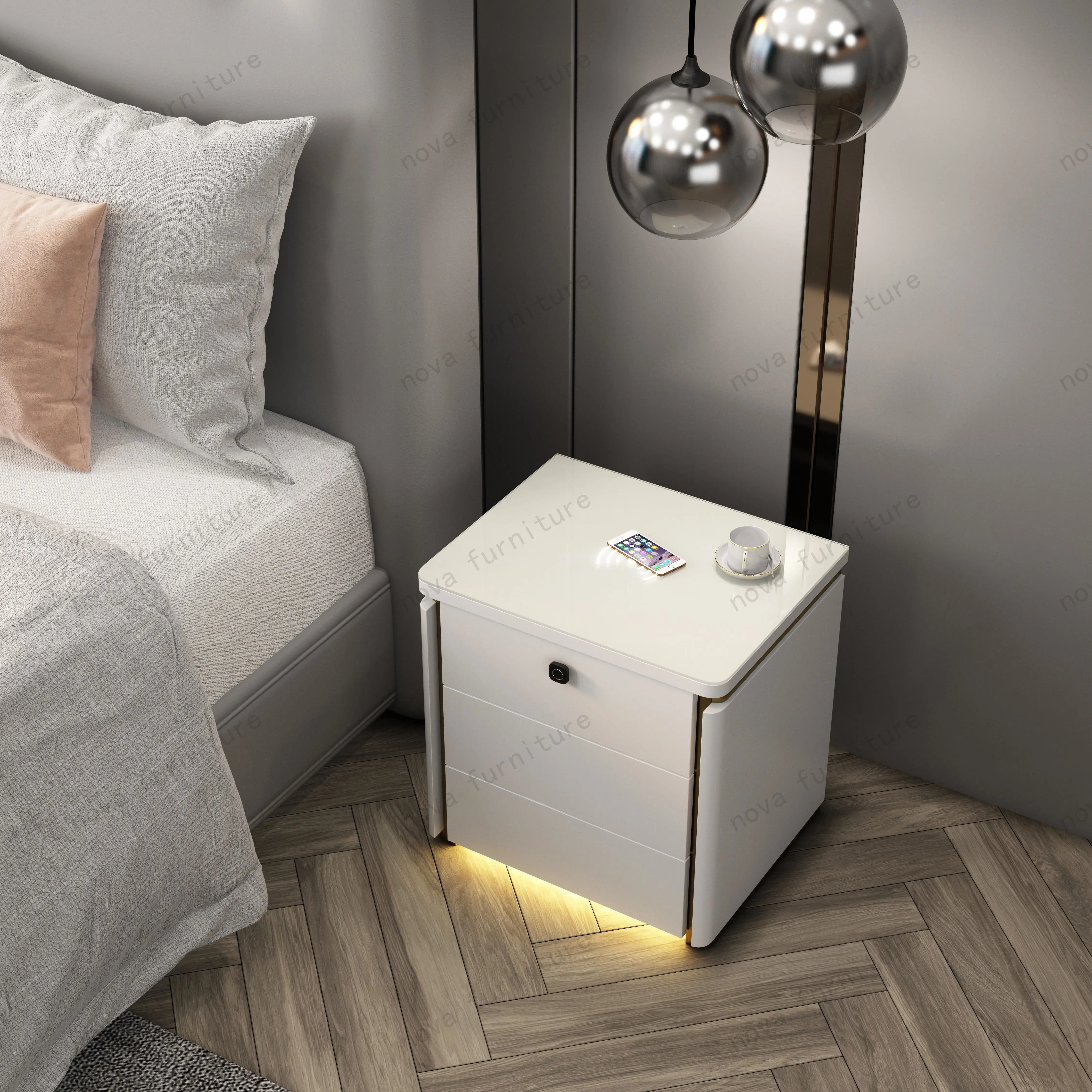 NOVA Intelligent Bedroom Furniture High Gloss Bedside Table Modern Simple Design White Smart Nightstands With Sensor Light Strip - view 2