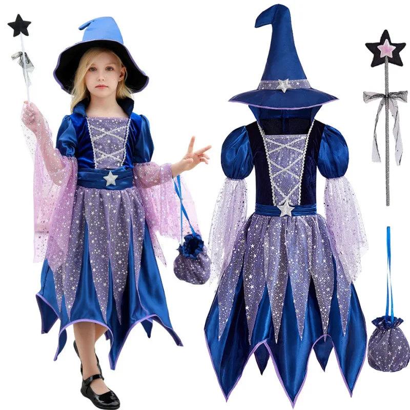 Costume de sorcière pour enfants, déguisement d'Halloween, déguisement de carnaval, déguisement de magicien cosplay, robe de princesse avec chapeau et sacs