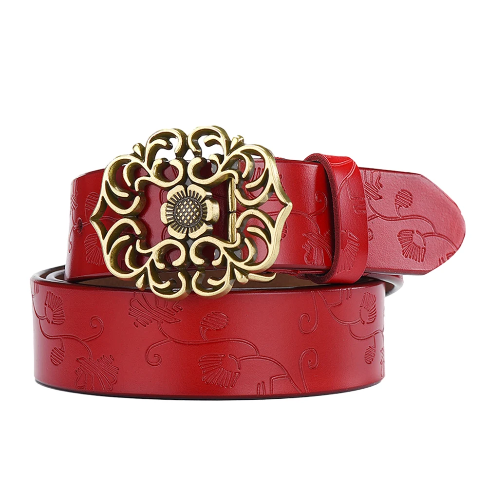 

Women Belt 110cm Red Classic Debossed Flower Shape Buckle Vintage Stylish for Jeans Casual Business Pants