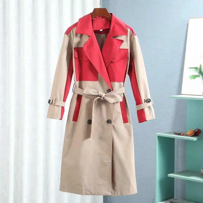 

2023 Spring Autumn Patchwork Colour Trench Coat Women Festive Windbreaker Long Outerwear Female Fashion Belt Splicing Overcoat