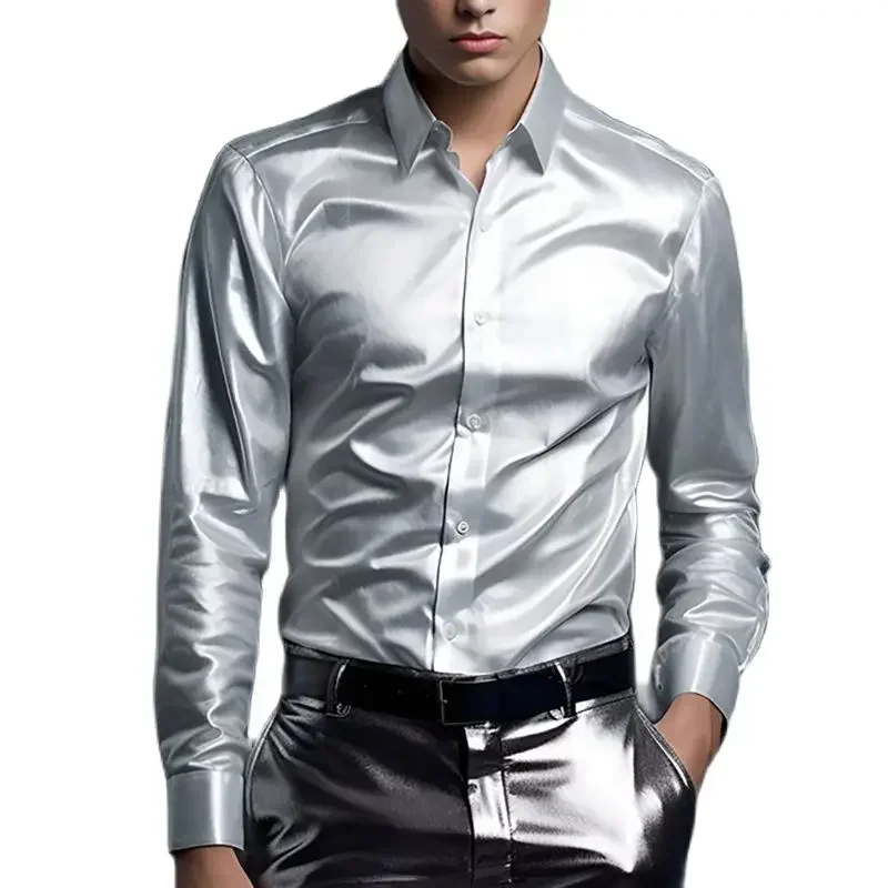 

Mens Smooth Silk Satin Shirt Dance Party Wedding Solid Color Luxury Dress Shirts Long Sleeve Slim Fit High Quality Tuxedo Shirts