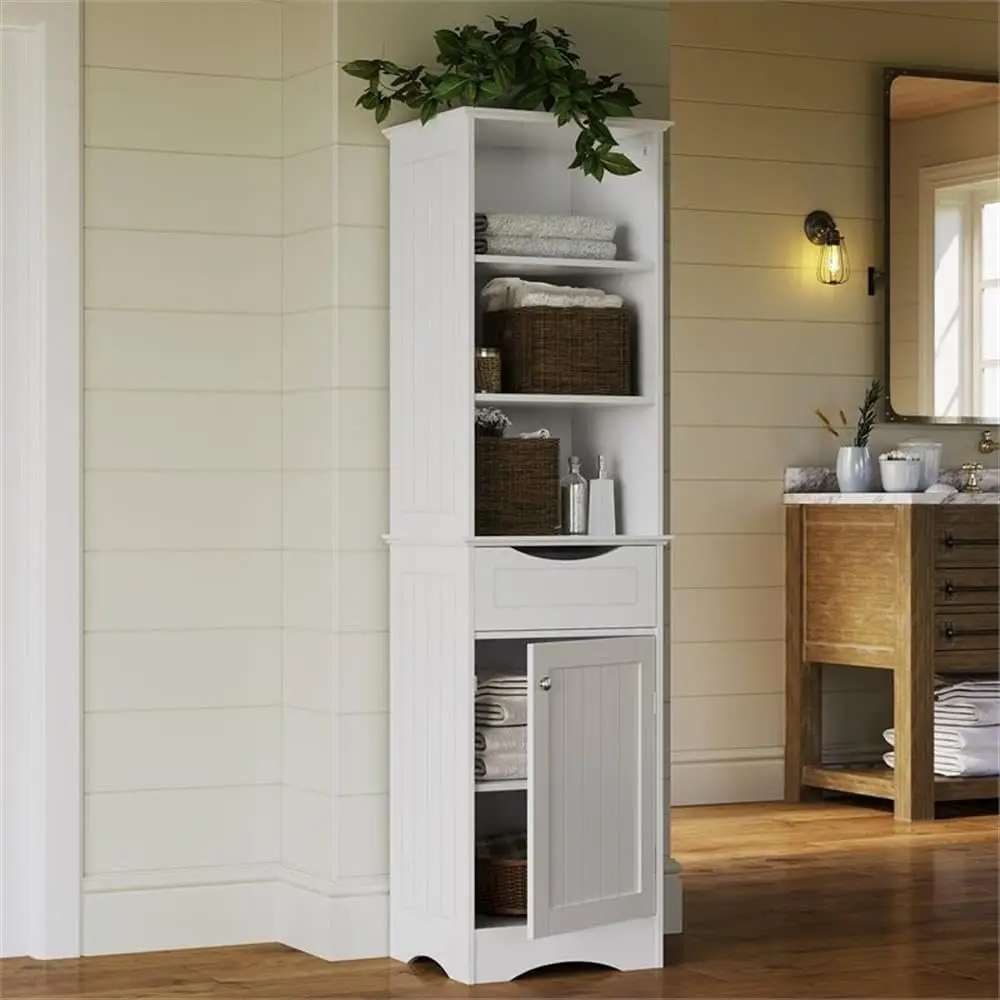 , White Ashland Bathroom Freestanding Storage Cabinet With Three Open Shelves And Drawer