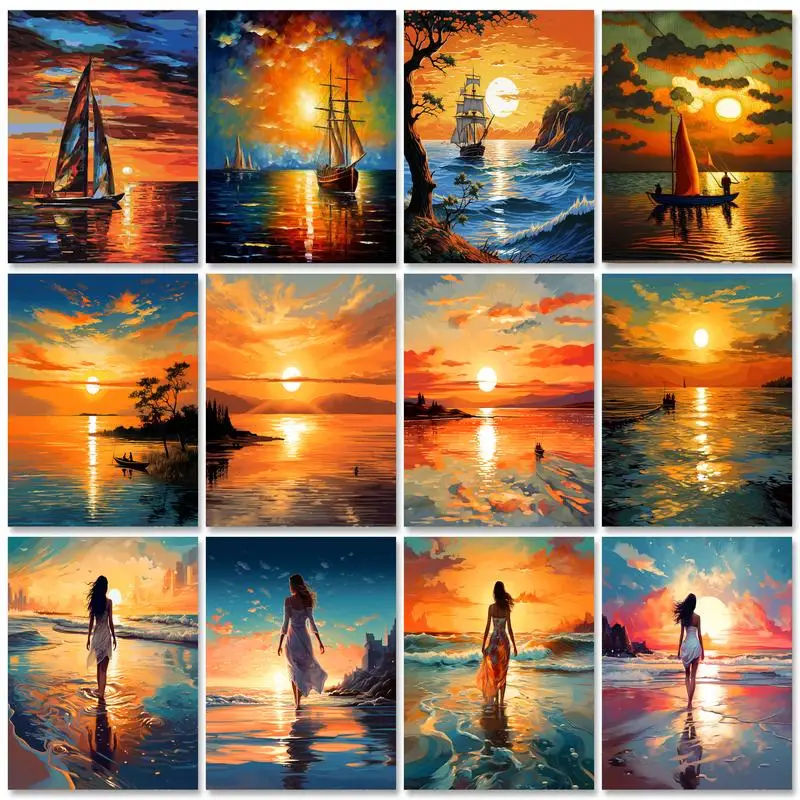 

GATYZTORY Frame Sunset Landscape DIY Painting By Numbers Kits Drawing Acrylic Picture Modern Wall Art Home Decor 40x50cm Arts