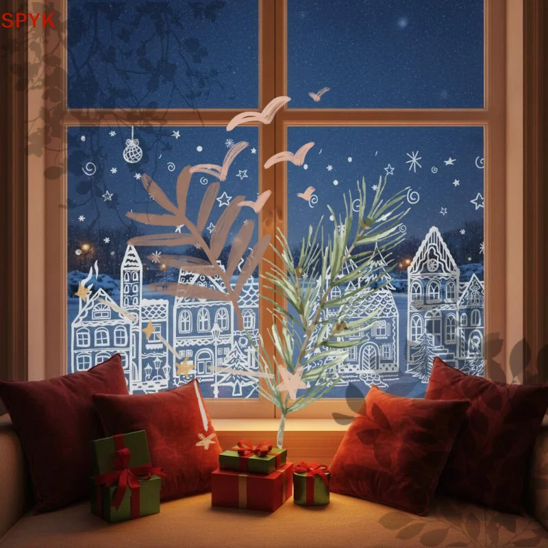4 Pcs Christmas Window Decals: Reindeer Pine Tree Snowflake Pattern Self Adhesive Home Xmas Holiday