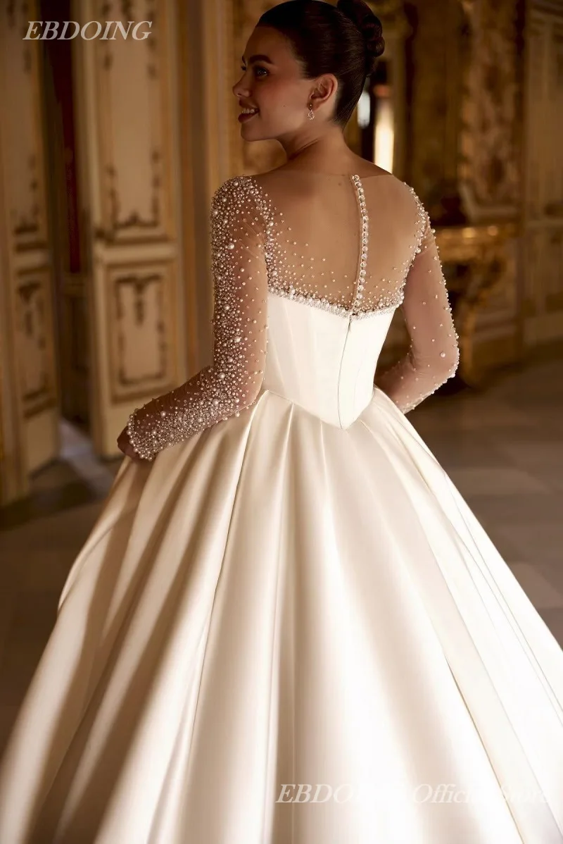 

EBDOING Customized Wedding Dress A-line Satin Illusion Full Sleeves With Beaded Basque Bride Gowns