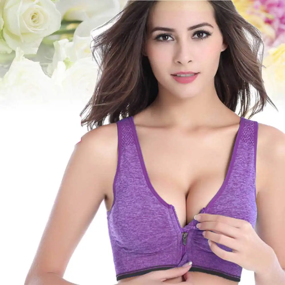 

Front Zipper Sports Bra Purple Size L Shockproof Padded Wirefree Running Yoga Fitness Vest Sports Bra High Impact
