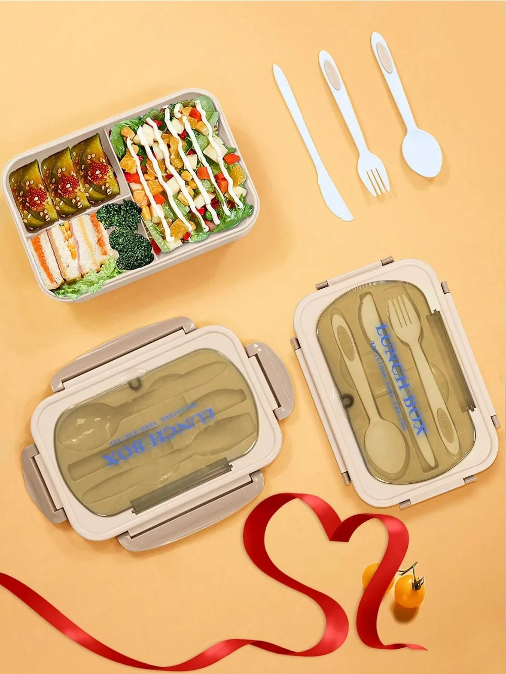 1pc Bento Box Adult Lunch Box With 4 Compartments,utensils, Sauce Jar, Muffin Liners, Microwave&dishwasher Safe, Back To JJ2974