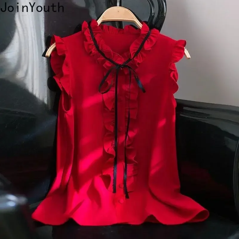 2023 Blusas Mujer De Moda Stand Neck Sleeveless Blouse Women Ruffles Sweet Tunic Tops Chic Vintage Summer Blouses Shirts 27m661