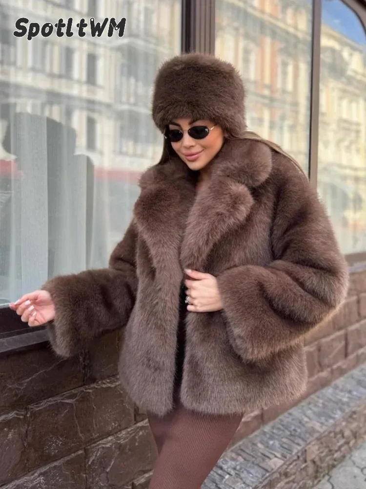 Women's Solid Faux Fur Long Sleeve Cropped Coat Lapel Open Front Fluffy Warm Jacket Winter Female Luxury Casual Lady Outerwear