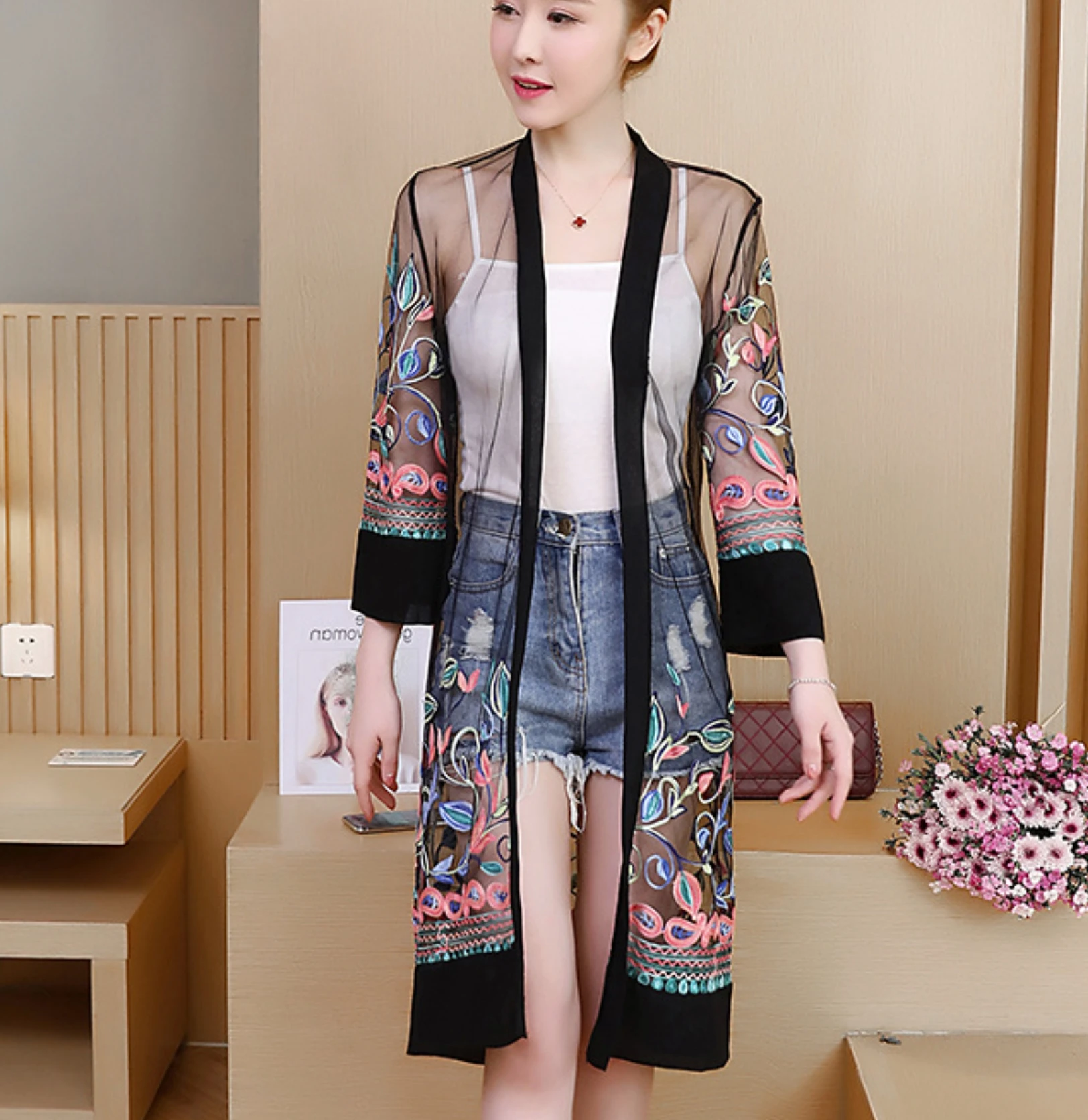 mesh floral embroidery casual vintage beach long clothing female beauty soft wild net cardigan long-sleeved thin coat S-XL