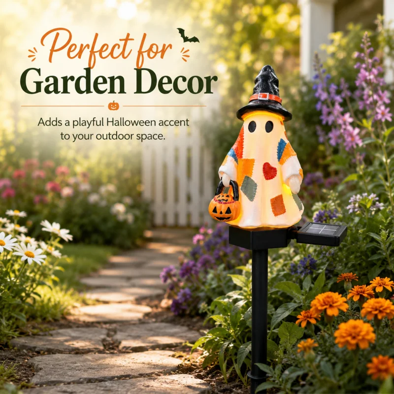 Cute Patchwork Ghost With Witch Hat Pumpkin Bucket Solar Powered Stake Light Auto On Off Waterproof Lawn Courtyard Halloween