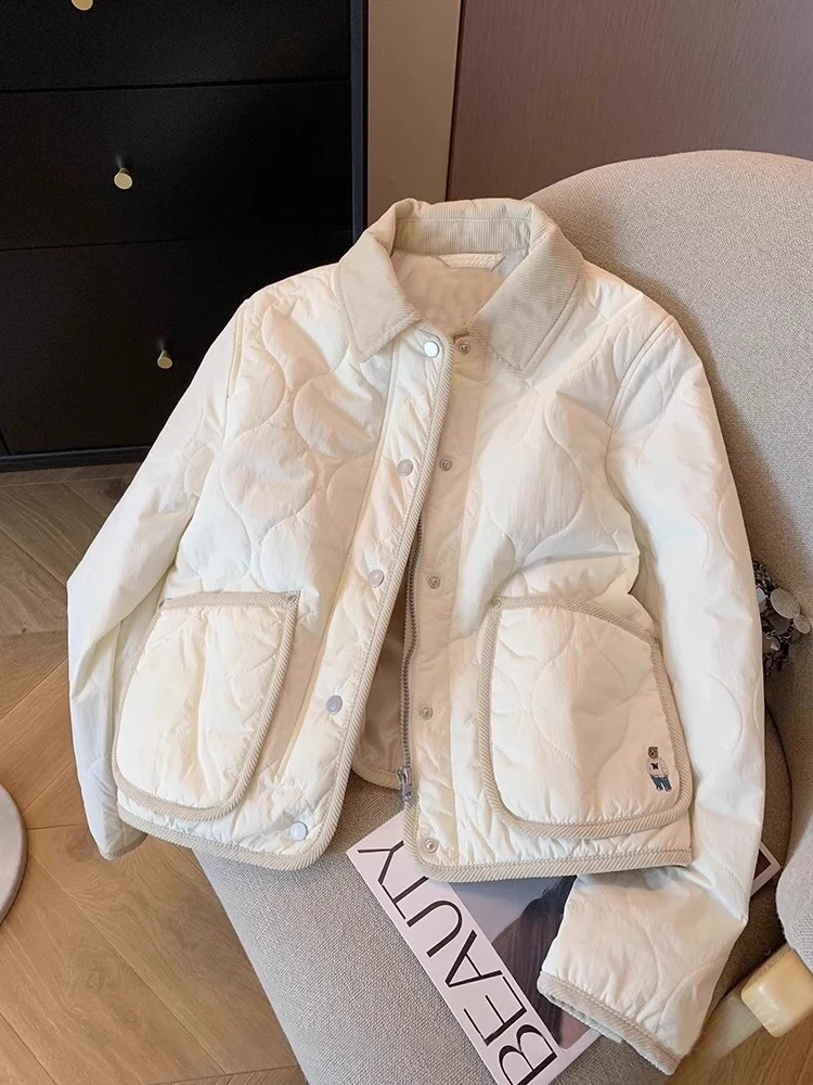 

White Collar Cotton Jaet Women's Warm Casual Sle Autumn Winter College Windbreaker Outerwear Korean Version Long Sve
