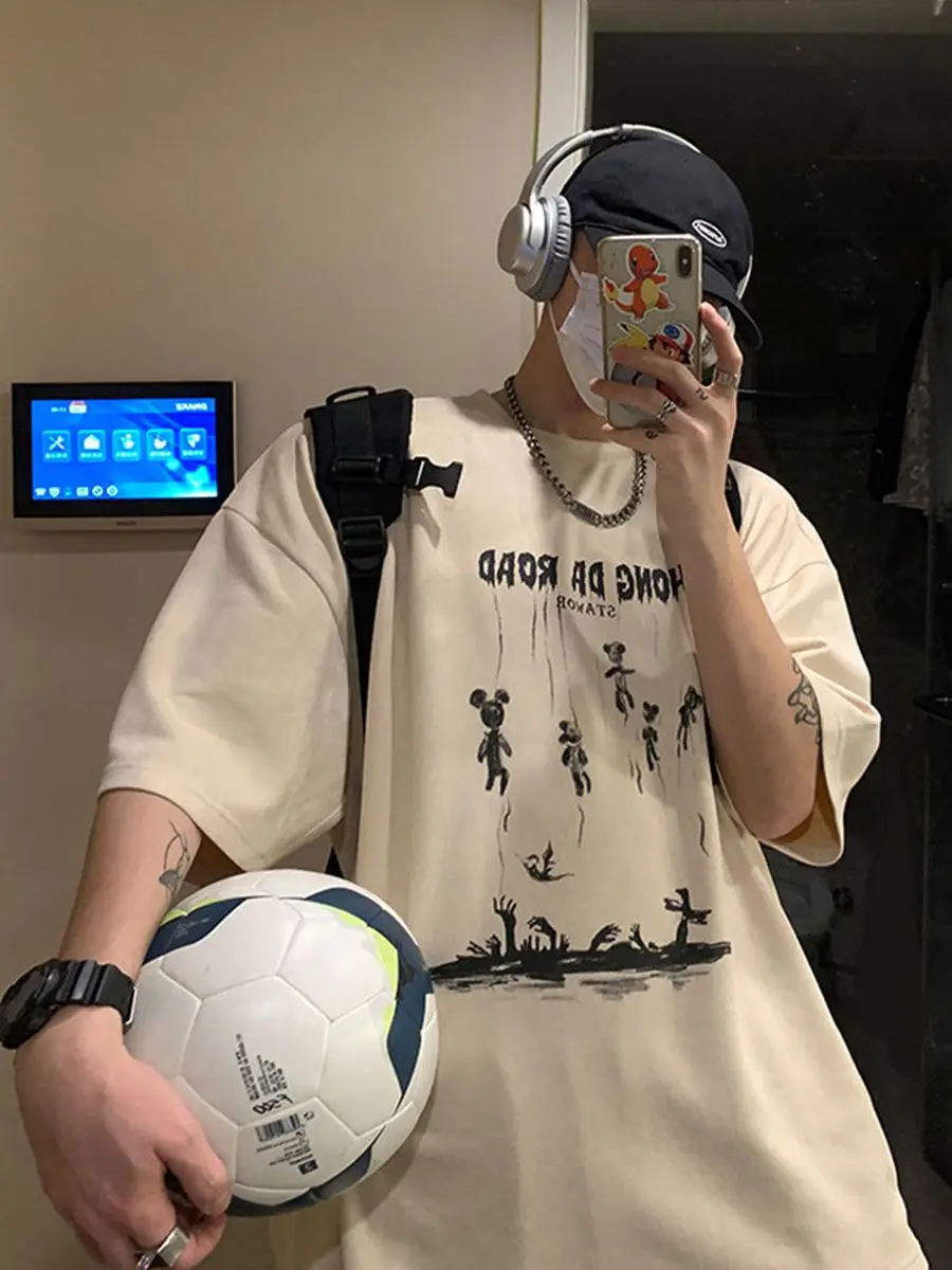 

100% cotton men short-sleeved T-shirt Korean style new trendy brand oversize high street loose lazy style half-sleeved T-shirt
