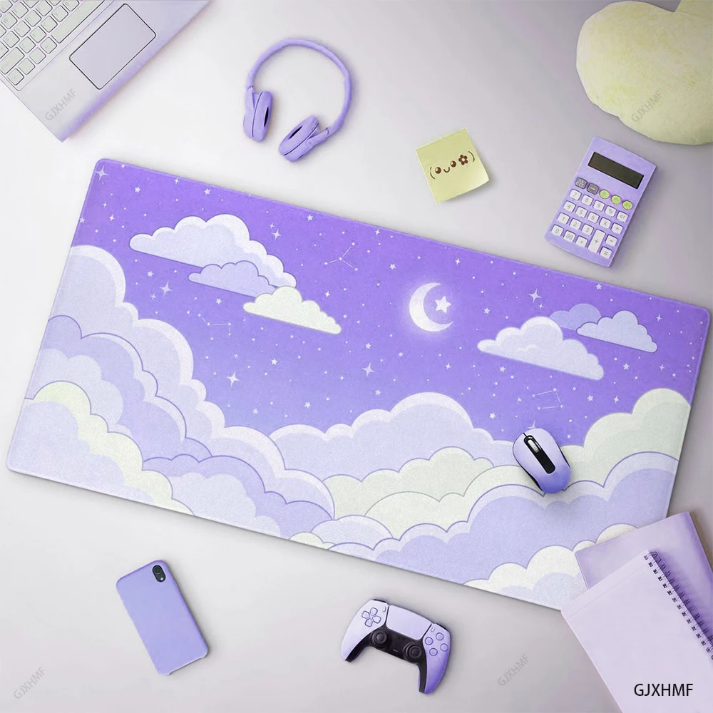 Kawaii Pastell-Wolken Mauspad Niedliche Blaue Sternenhimmel Schreibtischunterlage Weiße Wolken Großes Erweitertes Gaming-Schreibtischpad Premium Genähte Kanten