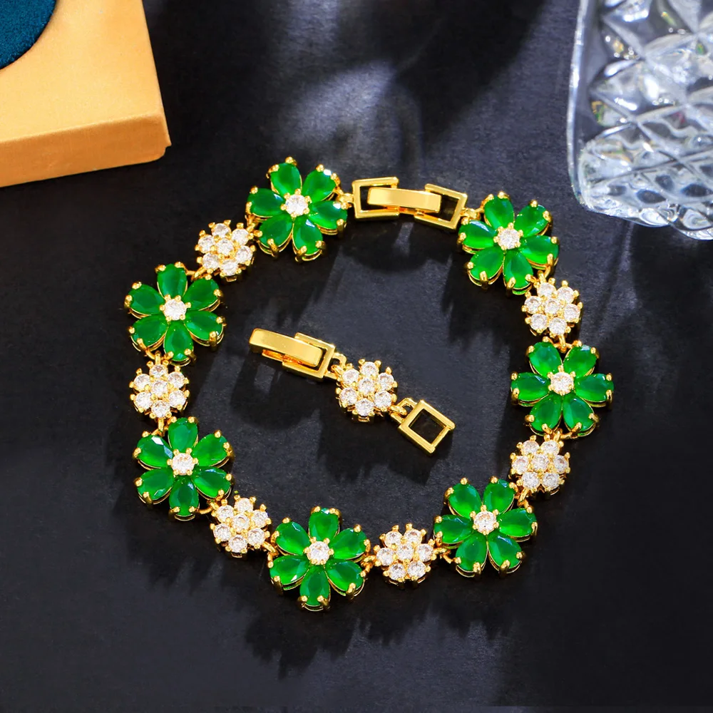 ThreeGraces High Quality Green Cubic Zirconia Gold Color Flower Link Chain Bracelet for Women Fashion Dubai Party Jewelry BR294