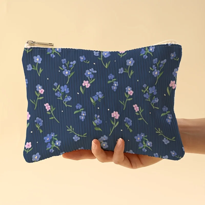 Korea Style Corduroy Makeup Bag Blue Forget Me Not Floral Print Zipper Cosmetic Pouch Travel Toiletry Storage Bag for Women