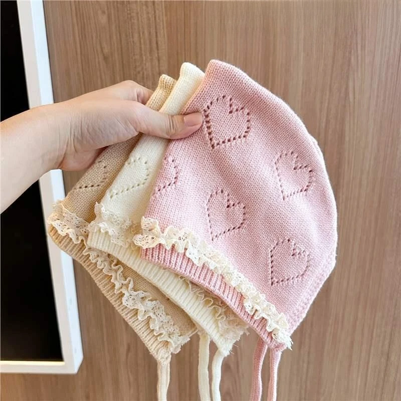 

Korean Baby Princess Hat Winter New Warm Knitted Ear Flap Beanie for Infant Girls Cute Crochet Winter Cap for Newborn 0-2 Years