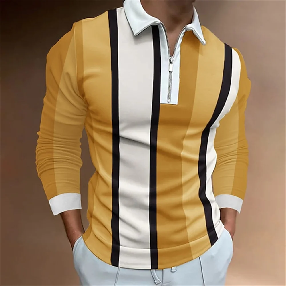 2024 Golf Wear Men Striped Print Microelastic Lapel Polo Shirts Men Top Porosity Fashion Zipper Long Sleeve T Shirt Men Clothing