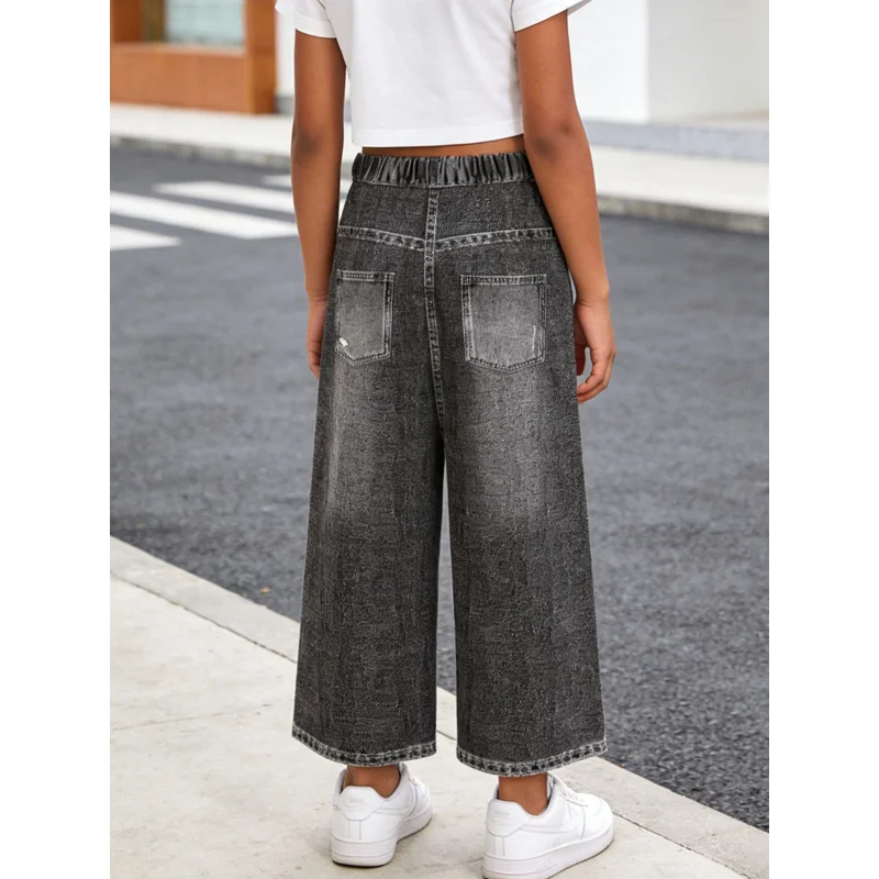 2026Children's Black and Gray Heart-shaped Distressed Faux Denim Pants