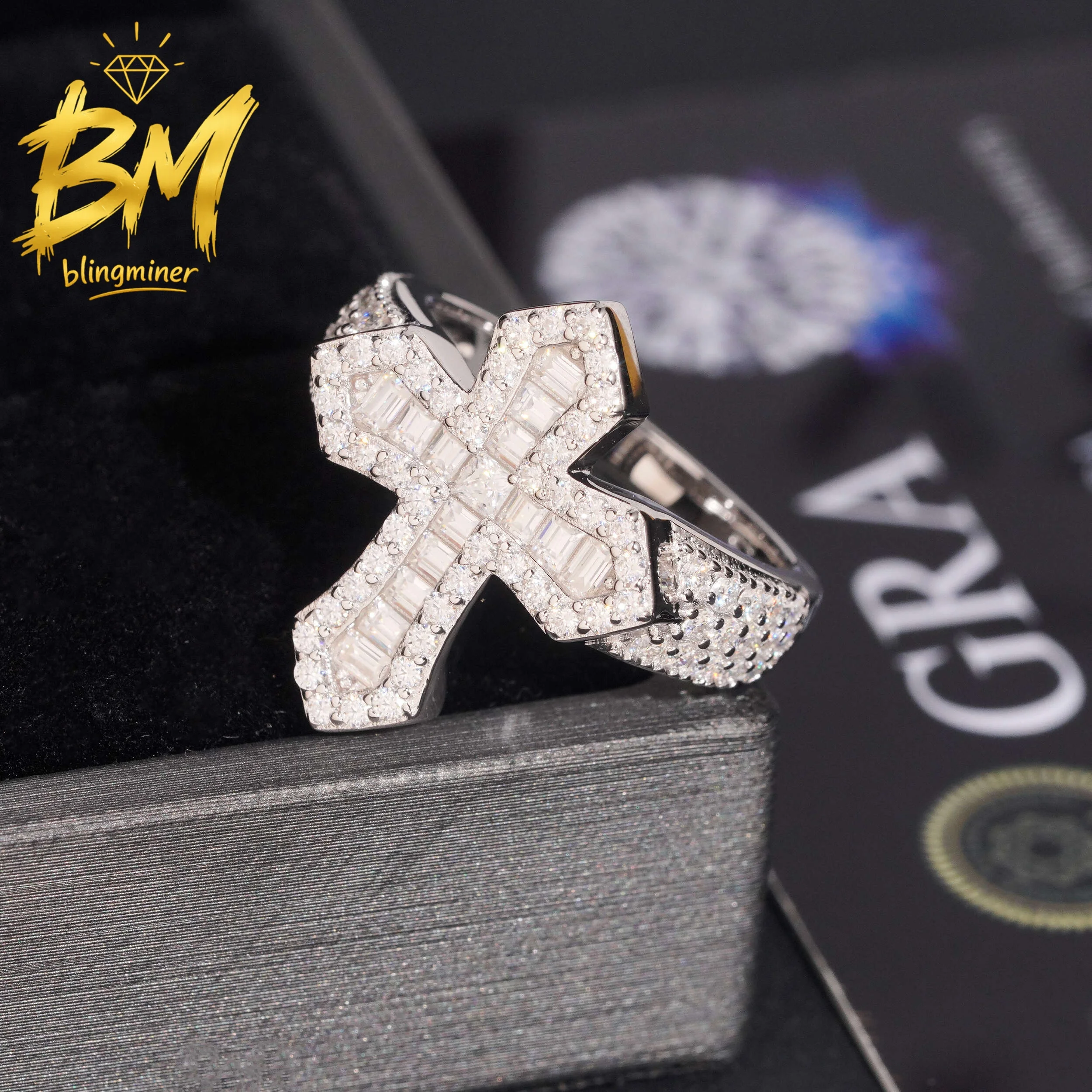 Blingminer Hip Hop Cross VVS Moissanite Rings For Men Women S925 Silver Finger Jewelry Pass Diamonds Tester GRA Free Shipping