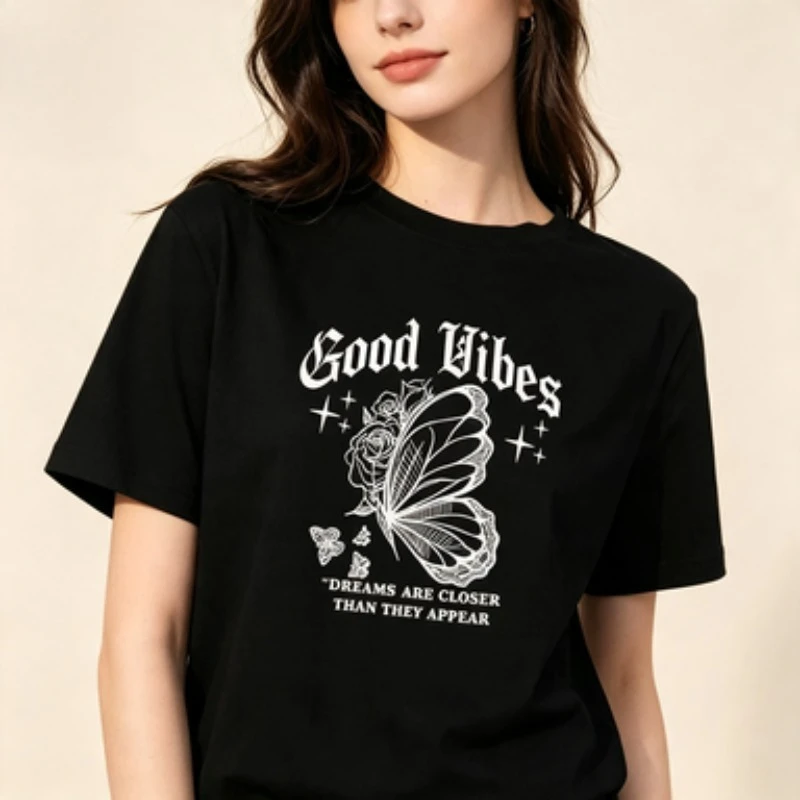 Positive Quote Women Cotton T Shirt Good Vibes Floral Butterfly Line Drawing Retro Gothic Graphic Loose Casual Crew Neck Tops