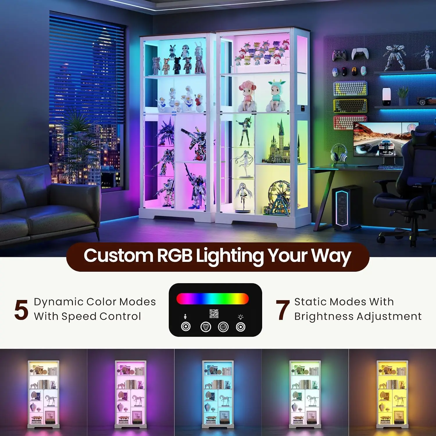 71” Glass Display Cabinet with RGB Light for Collectibles - White