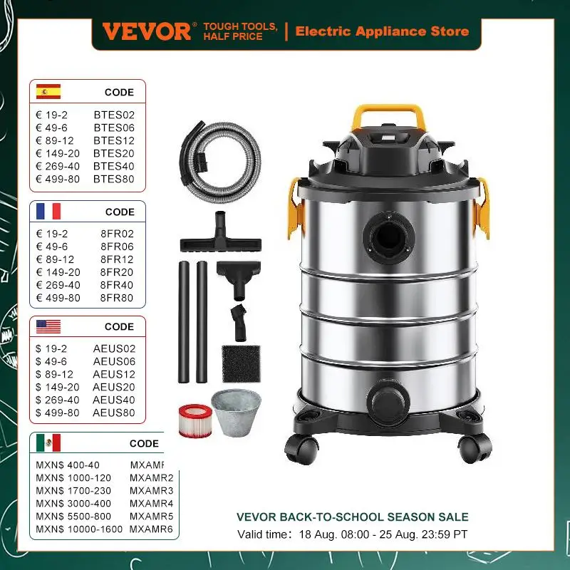 VEVOR Stainless Steel Wet Dry Shop Vacuum Wet  Dry Vac Powerful Suction  Small Shop Vac Perfect for Carpet Debris  Pet  Hair