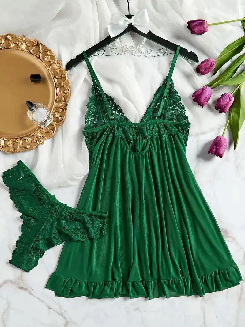 

Exotic Transparent Short Dresses Women's Hot Pajamas Lace Thong Set Plus Size Halter Nightgown Cosplay Lingerie Sexy Babydoll