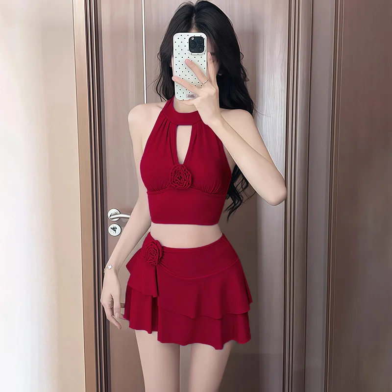 2025 Costume da bagno estivo Tankini per donna Sexy scollo all'americana Backless Fiore Gonna a pieghe Costumi da bagno Vacanza al mare Costume Ragazza Regali