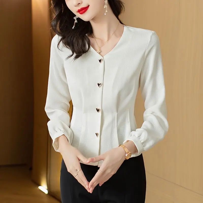 Fashion French Small Waist White Shirt for Women 2023 Autumn V-Neck Intellectuality Single Breasted Long Sleeved Apricot Blouses